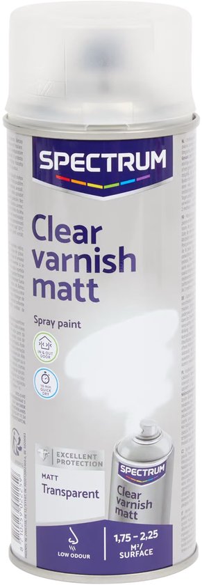 Spectrum spuitbus blanke lak mat, 500 ml. Spuitbus met heldere lak voor een matte, transparante afwerking.