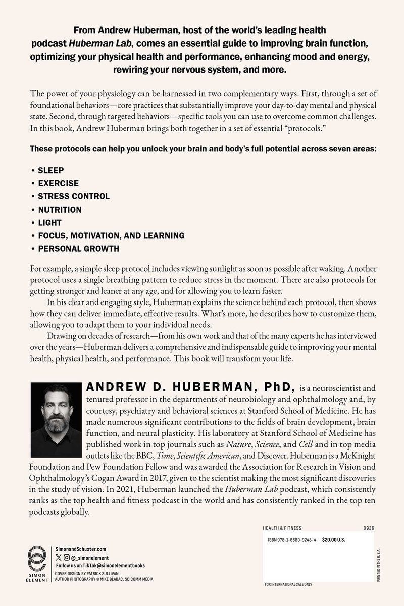 Boekpagina met tekst en een foto van Andrew Huberman, met de titel 'Protocols: An Operating Manual for the Human Body'.