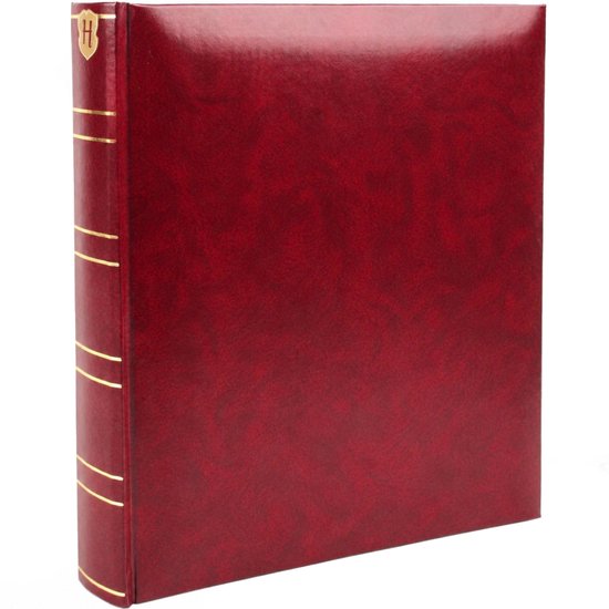 Rood fotoalbum met gouden decoratieve lijnen op de rug en een 'H' logo.