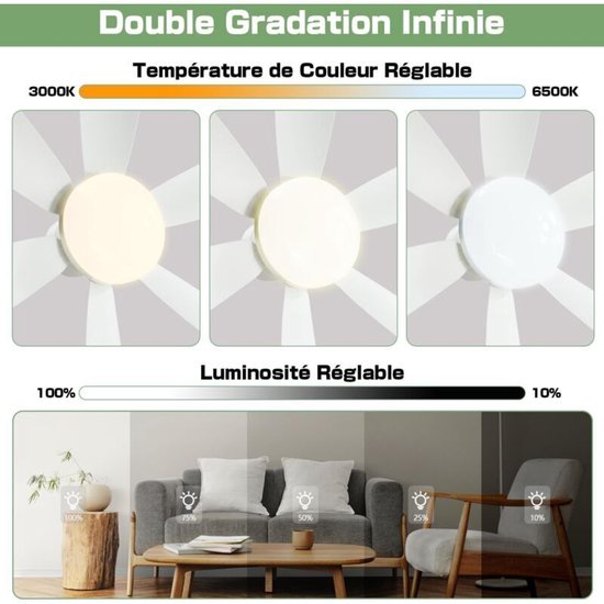 Plafonnier-ventilateur silencieux de 52 cm avec lumière et télécommande, plafonnier-ventilateur de 40 W avec prise E27, salon, 3 vitesses, 6 pales