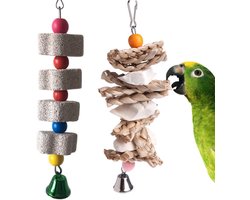 OLOEY 2-pack Parrot Toys- kauwspeeltjes voor vogels- sepia-snavelslijpsteen- hangspeeltjes voor in de kooi met belletje- geschikt voor Afrikaanse grijze papegaaien- eclectuspapegaaien- parkieten- valkparkieten- hamsters en chinchilla’s