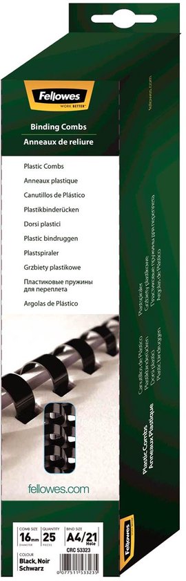 Fellowes verpakking met plastic bindruggen, 16mm, zwart, 25 stuks. Toont een afbeelding van zwarte bindringen.