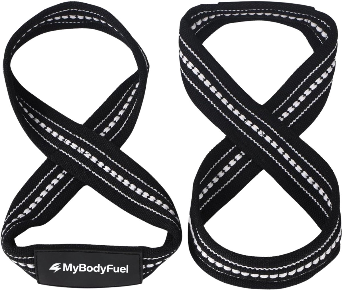 MyBodyFuel - Figure 8 Lifting Straps - Deadlift Straps - Lifting Grips - Wrist Wraps - Figure 8 Straps - 2 Stuks - Maat L - Zwart/Wit