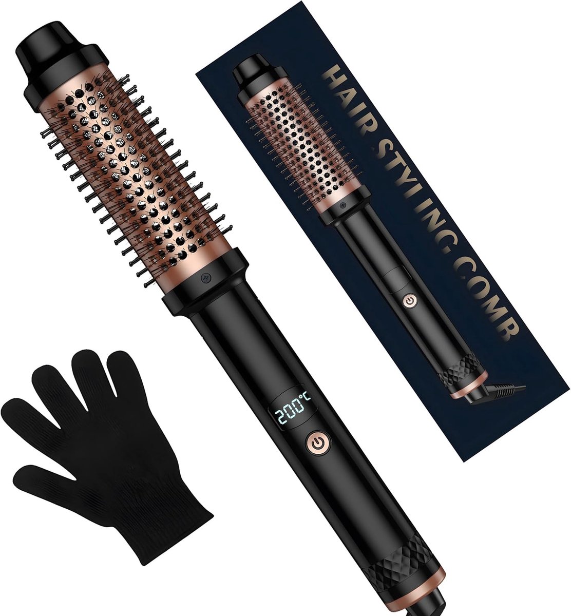 3-in-1 Verwarmende Blowdry-borstel – Krulborstel – 38 mm Thermische Borstel met LCD-scherm – Ronde Verwarmingsborstel met Verstelbare Temperatuur 120-200°C – Dubbele PTC-verwarming voor Stijlen, Krullen en Volume