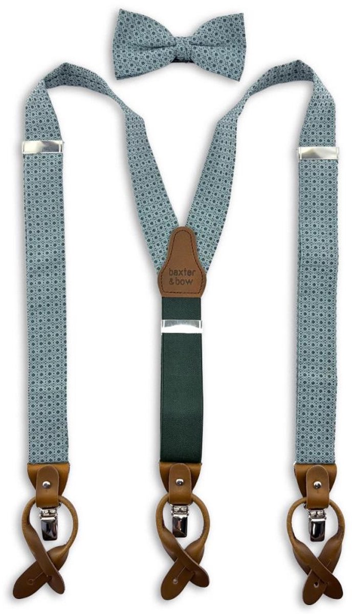 Baxter & Bow Luxe Bretels Set Heren Groen Turquoise – Luxe bretels met vlinderdas - turquoise / zwart / wit