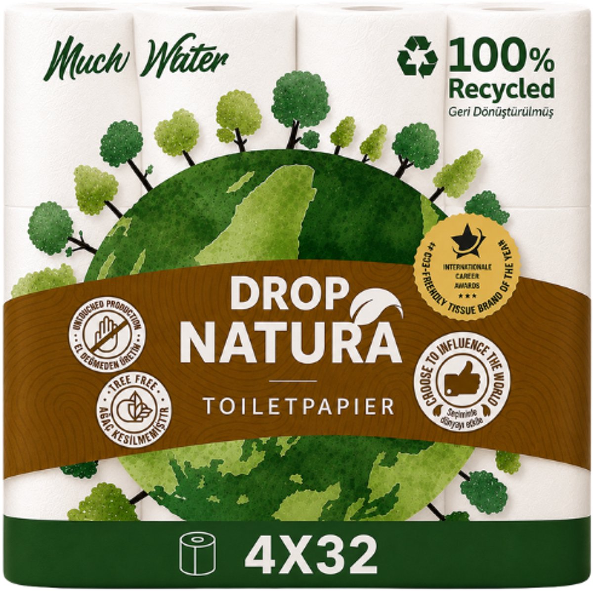DROP Natura - 4x32 rollen toiletpapier - 128 Rollen - Ultiem comfort WC Papier, Superieure sterkte, Maximale absorptie & Pluisvrij - Voordeelverpakking WC Papier