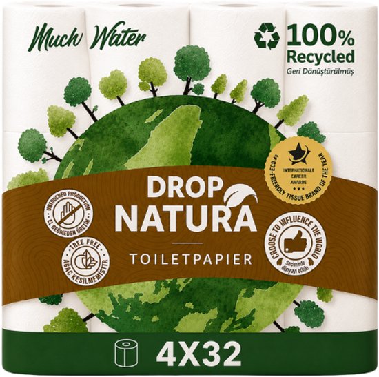 Verpakking van 4x32 rollen Drop Natura toiletpapier. De verpakking heeft een afbeelding van de aarde met bomen en tekst '100% Recycled'.