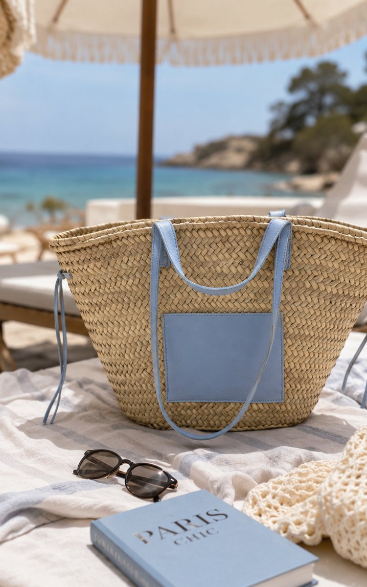 Strandtas - Lichtblauw - Leder - Riet - Palmblad - 100% Natuurlijke Materialen - Boodschappentassen - 55 (L) x 36 (H) - Strandtassen - Rieten strandtas - Lange en korte hengsel - Vakantietas - Zomertas