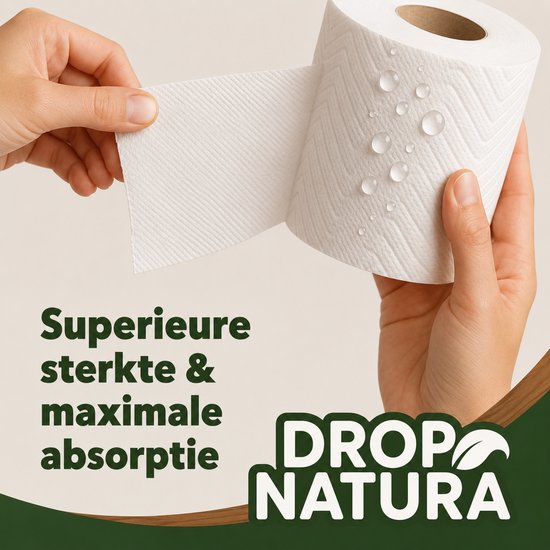 Twee handen scheuren een stuk wit wc-papier af, met waterdruppels erop en de tekst "Superieure sterkte & maximale absorptie".