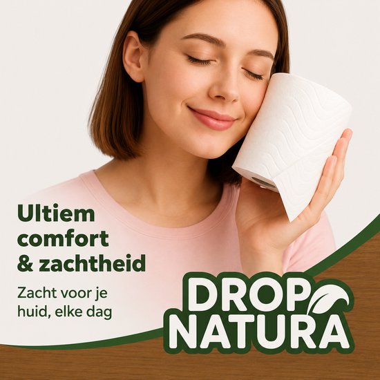 Vrouw houdt zacht wc-papier tegen haar wang, met de tekst "Ultiem comfort & zachtheid".