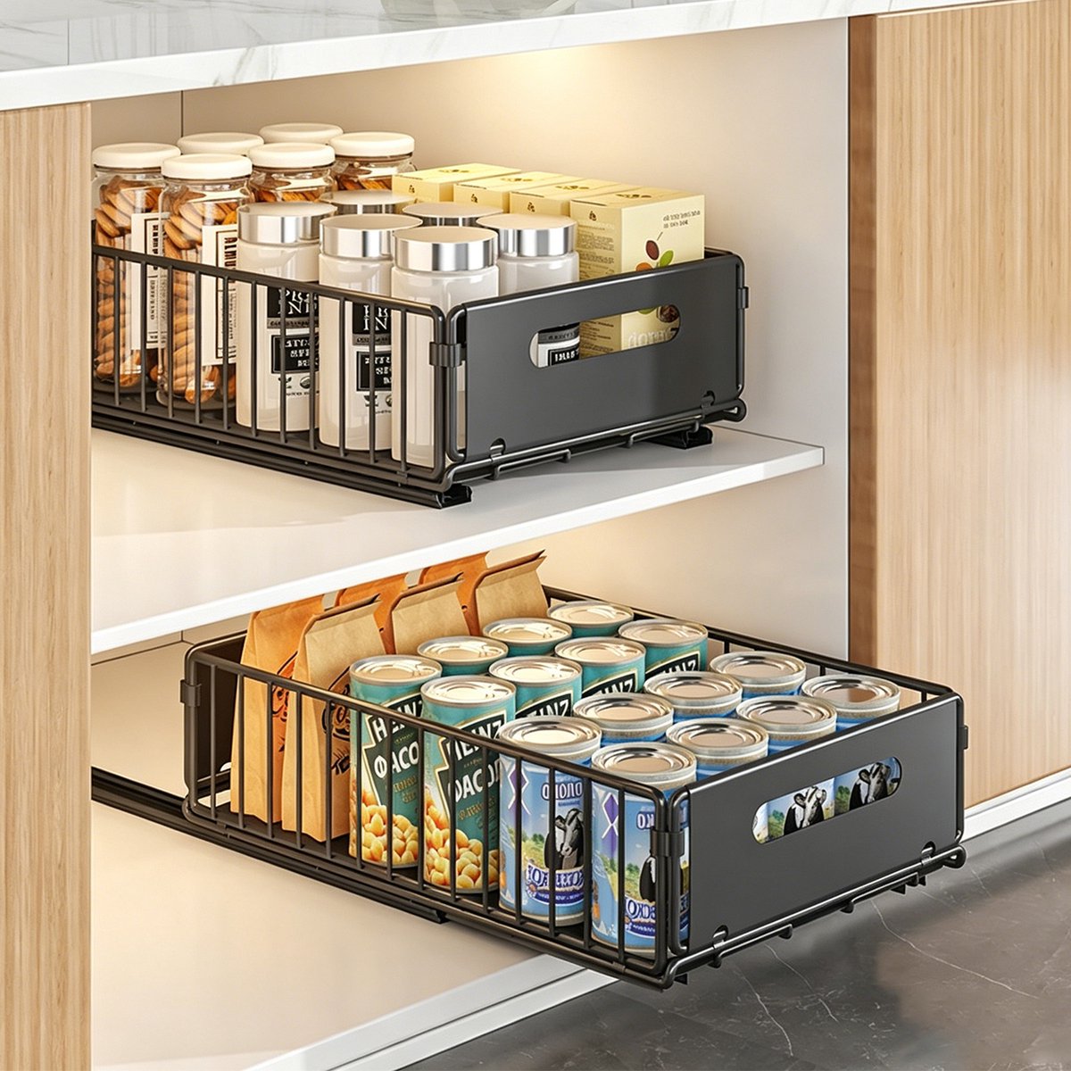 REFTTENW Uitschuifbare Keukenkast Organizer Met Verschuifbare Legplanken, Telescopische Laden, 2 Stuks, Uittrekbare Kastorganizer, Zonder Boren Of Vastnagelen