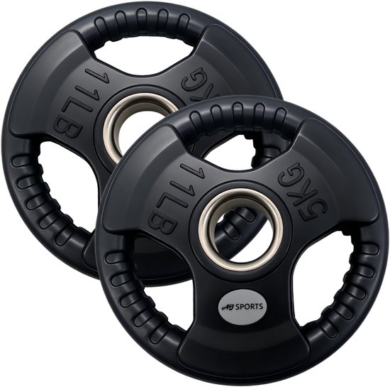 Twee zwarte 5kg (11lb) halterschijven van AJ-Sports met rubberen grip, zilverkleurige binnenring en drie handgrepen.