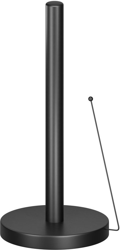 Un porte-rouleau de cuisine noir autoportant avec une base ronde et un bras anti-roulement.