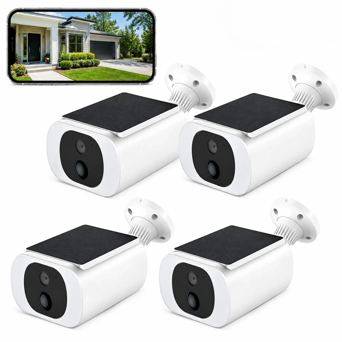 4MP/2K Solar Beveiligingscamera voor Buiten, Draadloze WiFi Camera met Accu, PIR Bewegingssensor, Audio en Kleuren Nachtzicht 4pcs