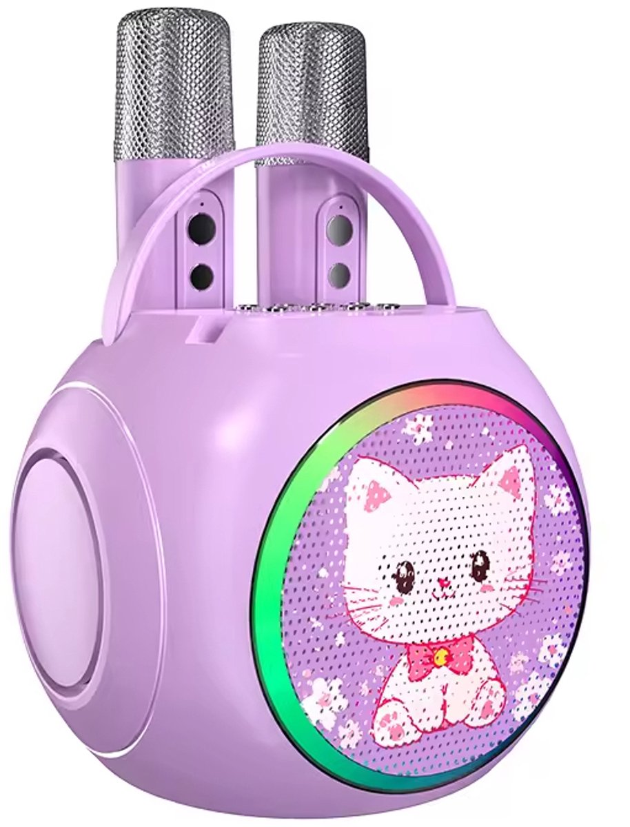 Kitty Beat Kids Karaokeset – 10W Bluetooth Speaker – 2 Draadloze Microfoons – RGB Verlichting – Paars