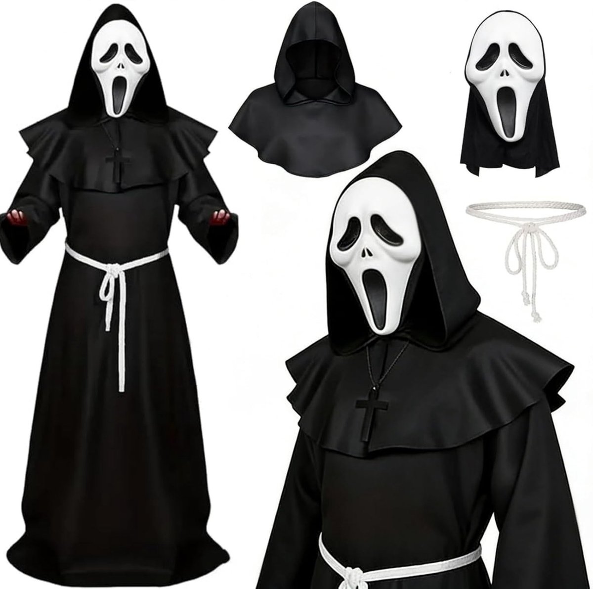 Middeleeuwse monnik kostuum voor volwassenen - 5-delig Halloween outfit met cape, kap, gewaad, kruis en masker voor carnaval en cosplay feestjes
