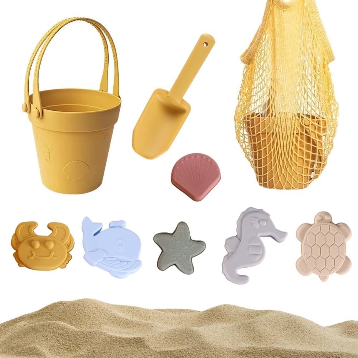 Complete Zand Speelgoed Set voor Kinderen - 9-delige Siliconen Strand Speelgoed met Emmer, Netzak en 6 Zandvormpjes voor Uren Plezier op het Strand