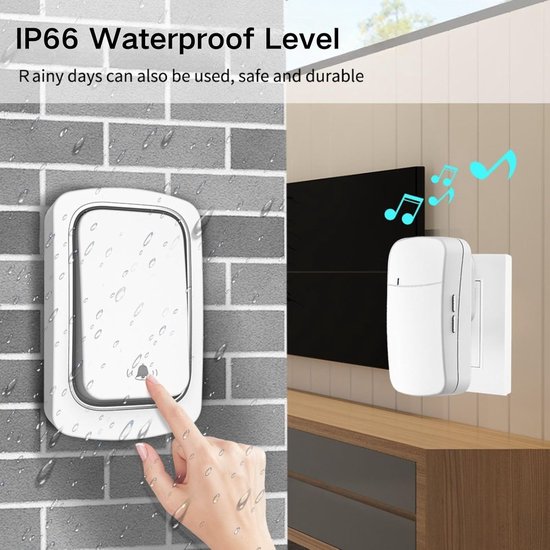 Draadloze deurbel op eigen kracht voor thuis/kantoor - IP66 waterdicht, stekkerdeurbelset zonder batterijen, bereik van 150 meter en aanpasbare beltonen. — afbeelding 3