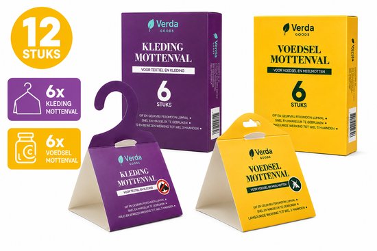 Verpakking en mottenvallen: '12 stuks', 6x kledingmottenval en 6x voedselmottenval. Paarse en gele producten.