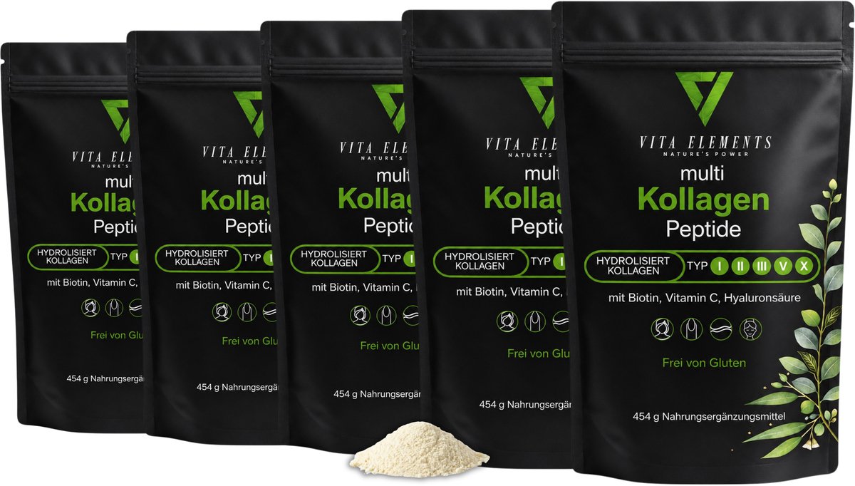 Vita Elements Collageen Peptiden Poeder - 5 Soorten Collageen met Biotine, Vitamine C en Hyaluronzuur - voor Huid, Haar en Nagels - 454 g - Getest - Set van 5