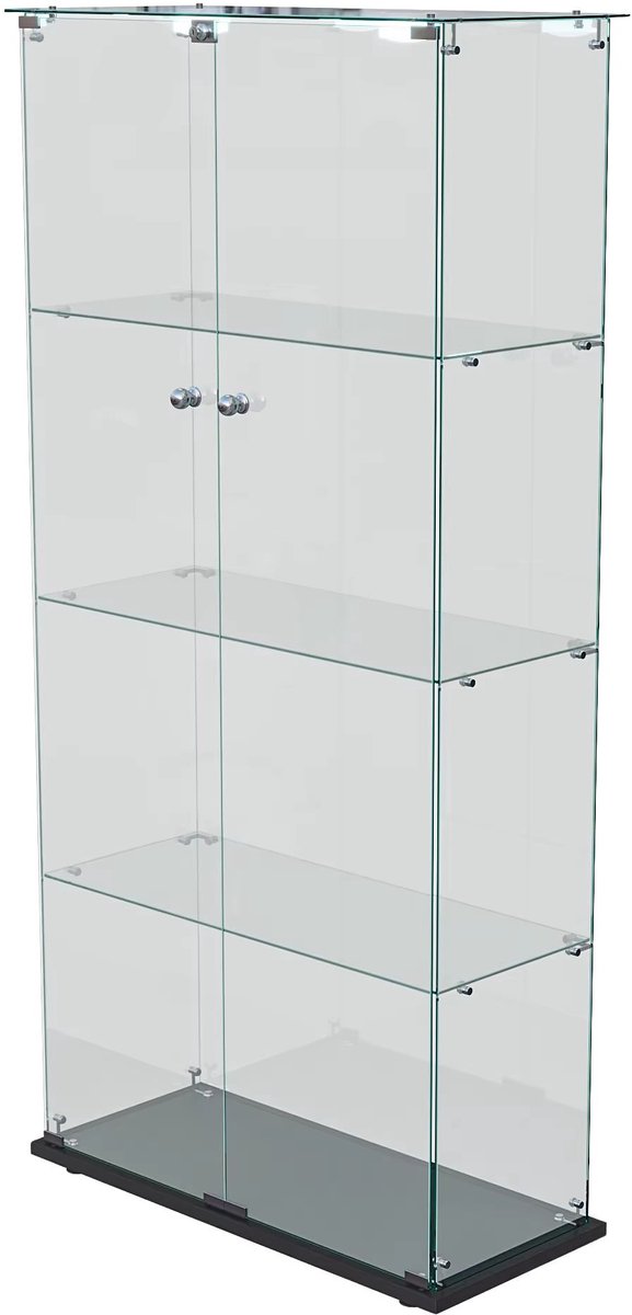 Glazen Vitrinekast Wit / Zwart - Displaykast met LED Verlichting, Slot, 2 Deuren, Glazen Planken