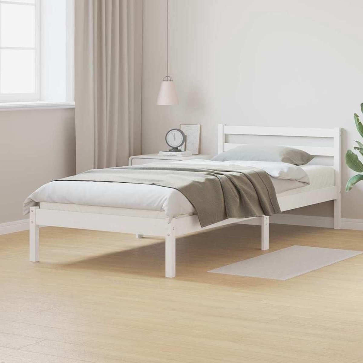 Massief Houten Bedframe - Lattenbodem Bed Hout Bed - Slaapkamer Inrichten - Strak Lattenhoofdeinde - 90x210 cm - Wit