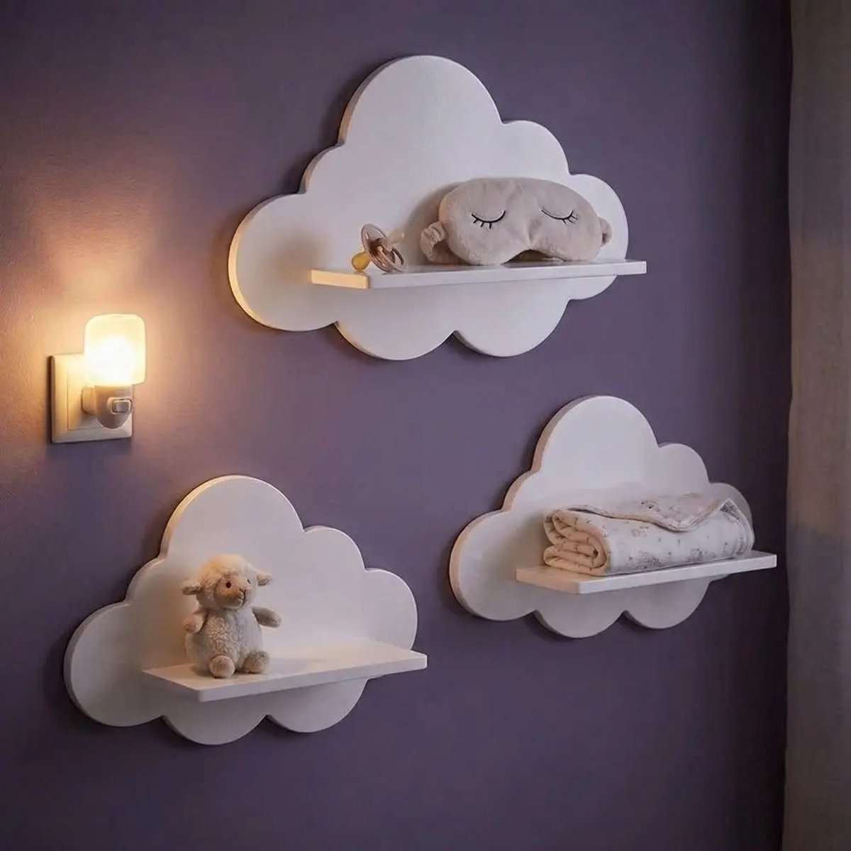 3 stuks Witte Houten Wolk Wandplanken | Afmeting 25x20x5,6 cm Wandrekje voor kinderkamer, decoratieve zwevende plank voor muur