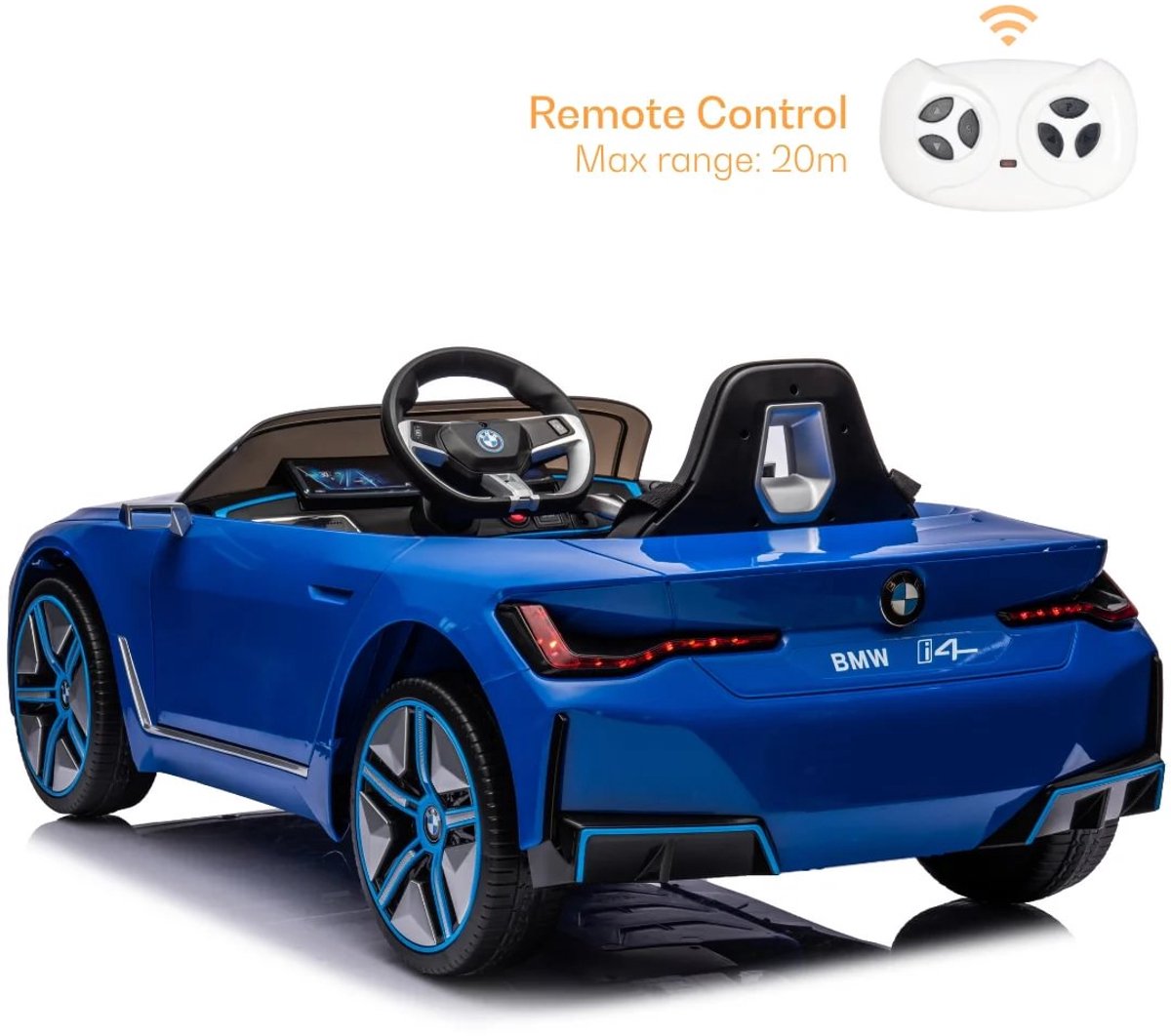 BMW i4 Full Option Elektrische Kinderauto 1 tot 6 jaar – Officieel Gelicentieerd Accuvoertuig met Lederen Zitje, Schokdempers & Bluetooth – 12V Kinderauto met Afstandsbediening, Werkende Deuren & Soft-Start – Blauw — afbeelding 7