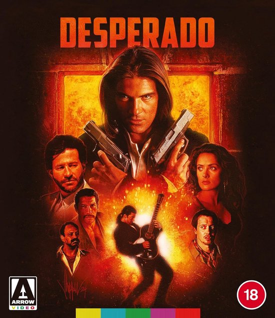 Filmcover van Desperado met Antonio Banderas, die twee pistolen vasthoudt, omringd door andere personages en vuur.