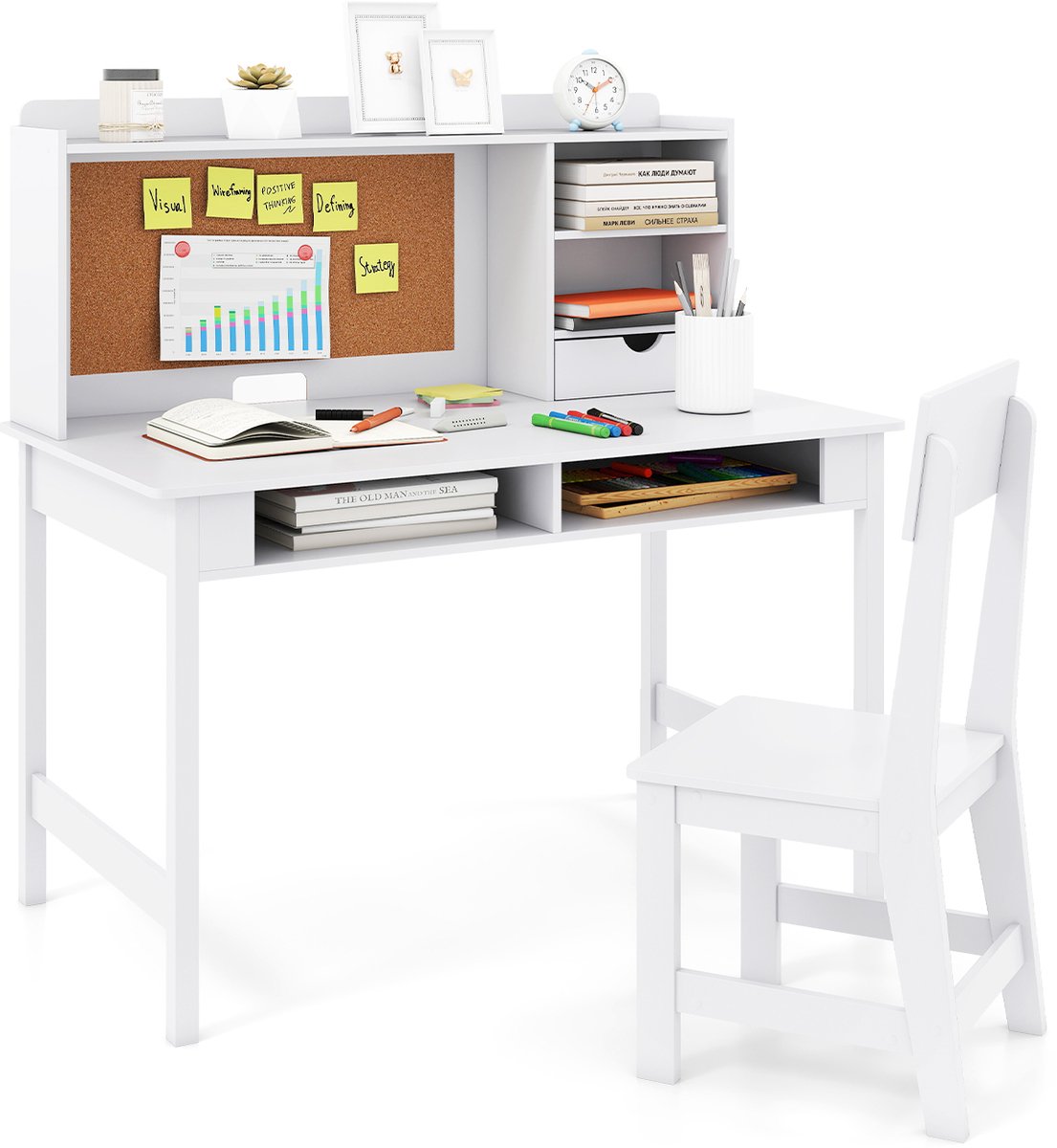 COSTWAY Kinderbureau met Prikbord, Houten Kinderschrijfbureau Set, Jeugdbureau met Stoel, Opzetstuk, Lade & Planken, Leerlingenbureau Kinderkamer voor Kinderen vanaf 3 jaar (Wit)