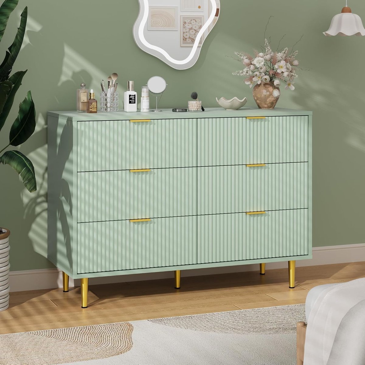 Luxe Ladekast Olijfgroen - 6 Laden - Modern Gegolfd Design met Gouden Accenten - Commode voor Slaapkamer, Woonkamer of Hal - 100 cm Breed