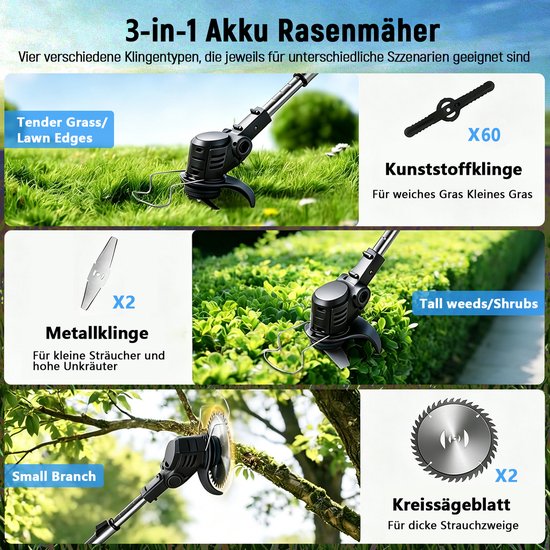 Traumheim® 3-in-1 Kantenmaaier - Grastrimmer - Bosmaaier - Grasmaaier - Draadloos & Elektrisch - Incl. 2 Accu ‘s & Snellader - met 60 Stuks Kunststof Messen - Incl. 3 snijkoppen van Traumheim — afbeelding 2