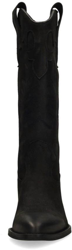 Zwarte nubuck cowboylaars met sierstiksels en lussen aan de bovenzijde.