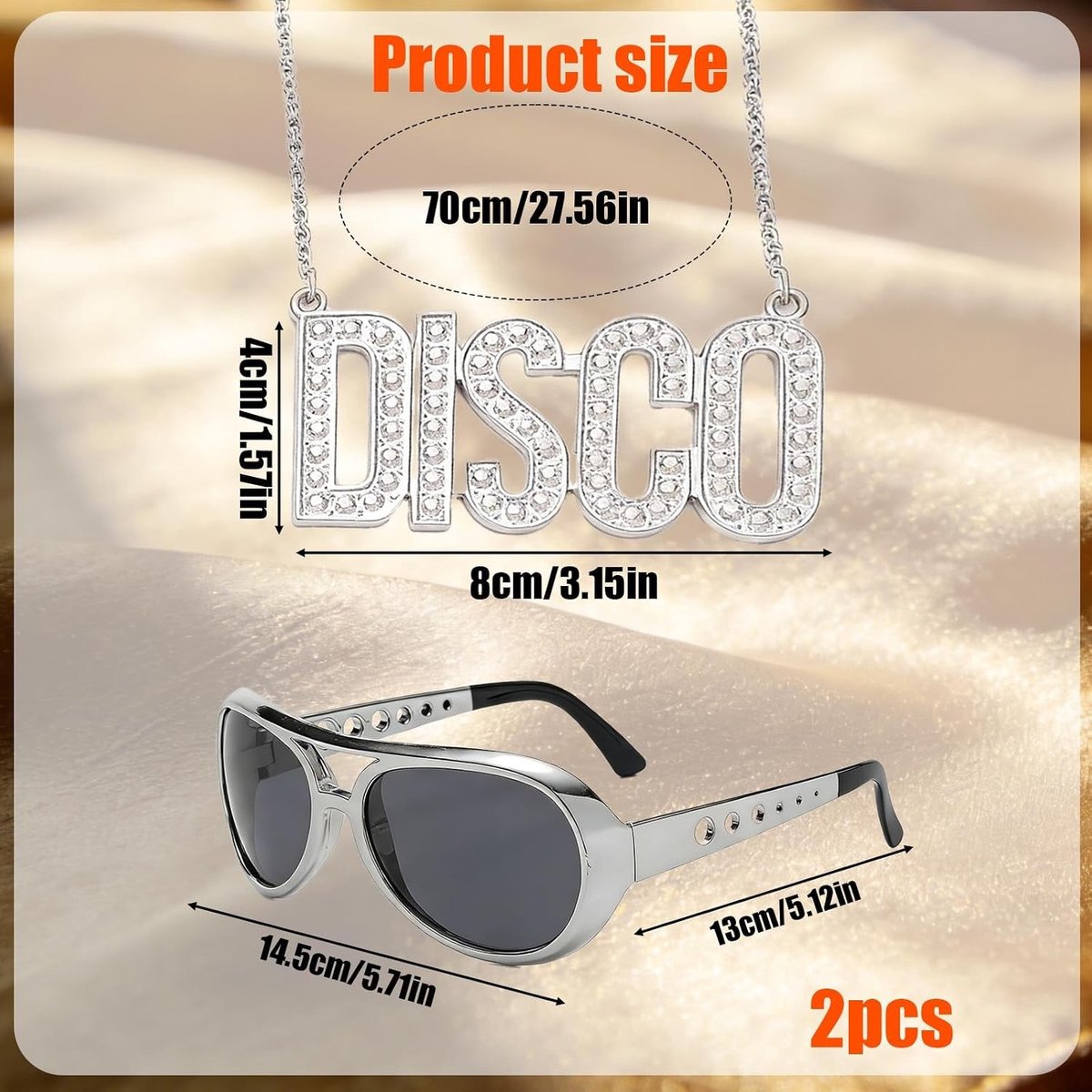 2-delige hiphop kostuumaccessoires set met zilveren ketting en zonnebril voor retro cosplay, carnaval en themafeesten uit de jaren 70, 80 en 90