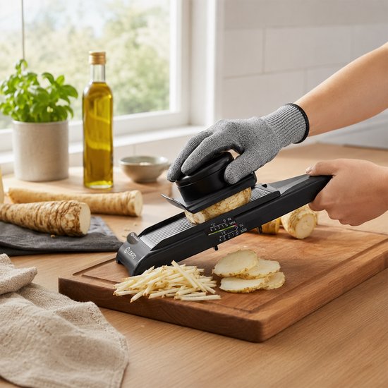 Hand snijdt pastinaak met zwarte mandoline snijder. Fijngesneden pastinaak, plakjes en staafjes. Olijfolie, kruidenplantje.