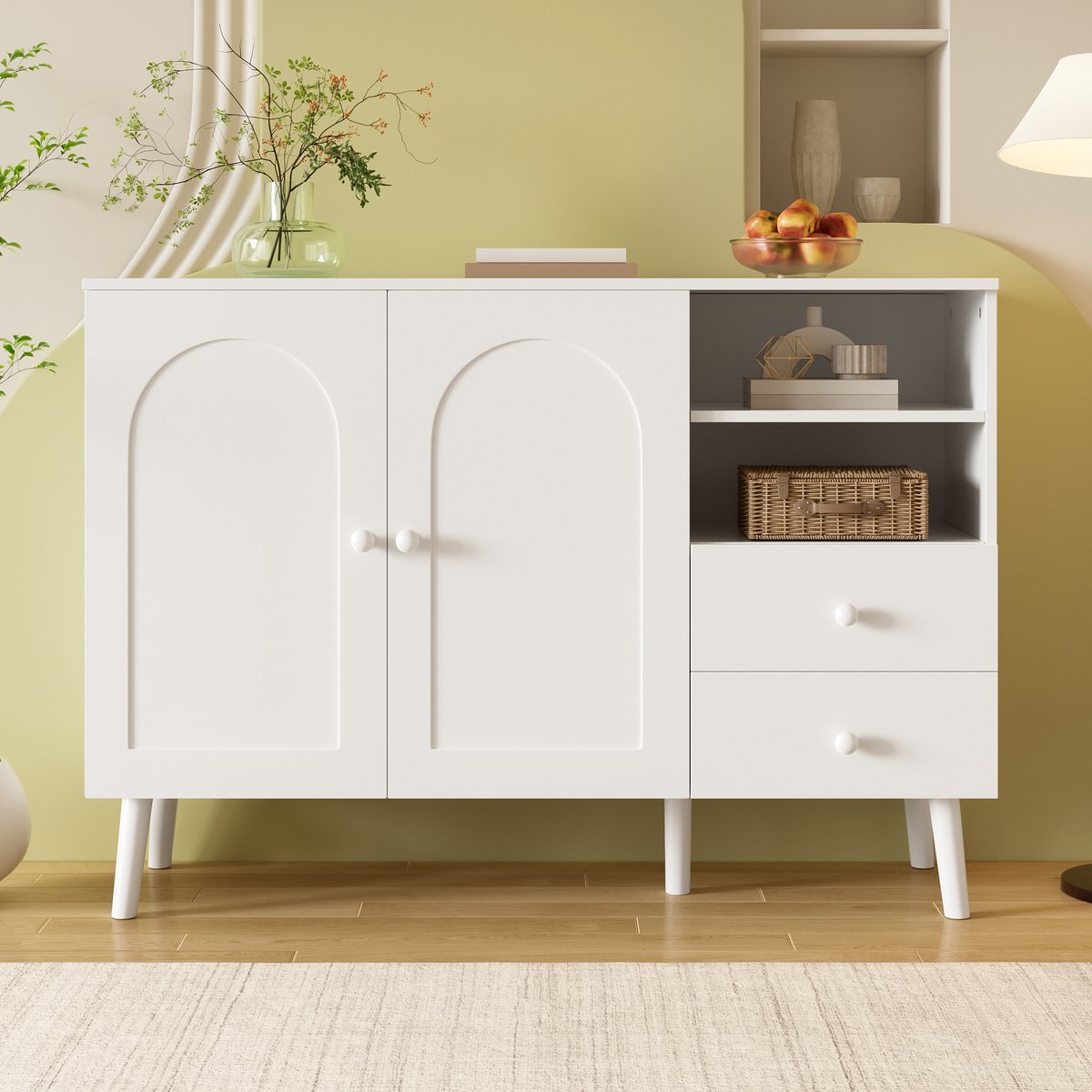 VVBV Dressoir - 118 x 35 x 82 cm, Wit, met 2 Lades en 2 Deuren, MDF & Spaanplaat, Veel Opbergruimte