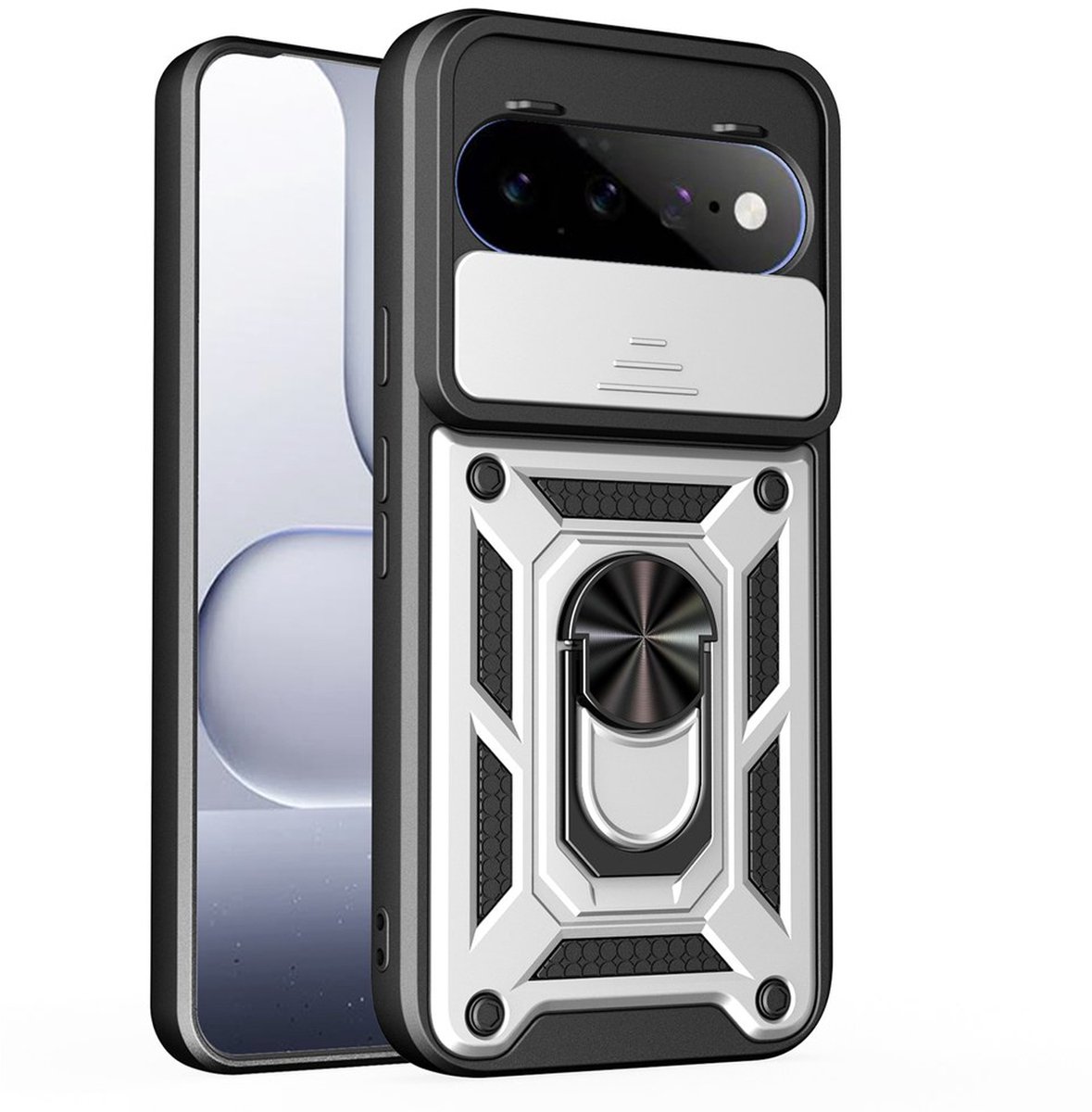 MobyDefend Hoesje - Geschikt voor Google Pixel 11 / Pixel 11 Pro - Pantsercase Met Draaibare Ring - Zilvergrijs