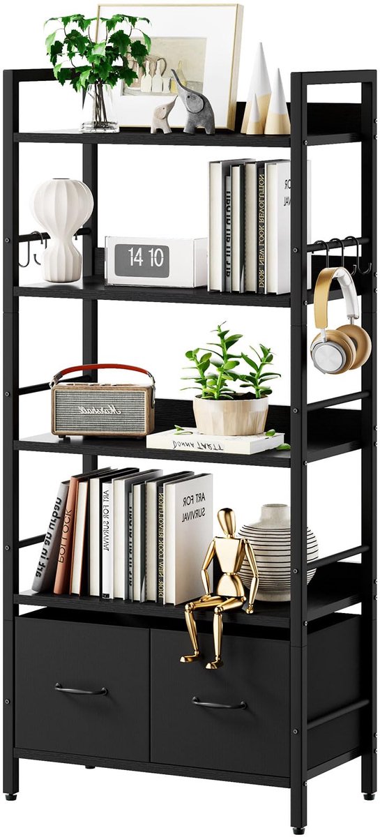 SnelShoppen - Boekenkast met 5 Niveaus, Uitbreidbaar met 2 Stofladen, Opbergrek voor Kantoor, Werkkamer, Woonkamer, Slaapkamer, Zwart YD-BC002B