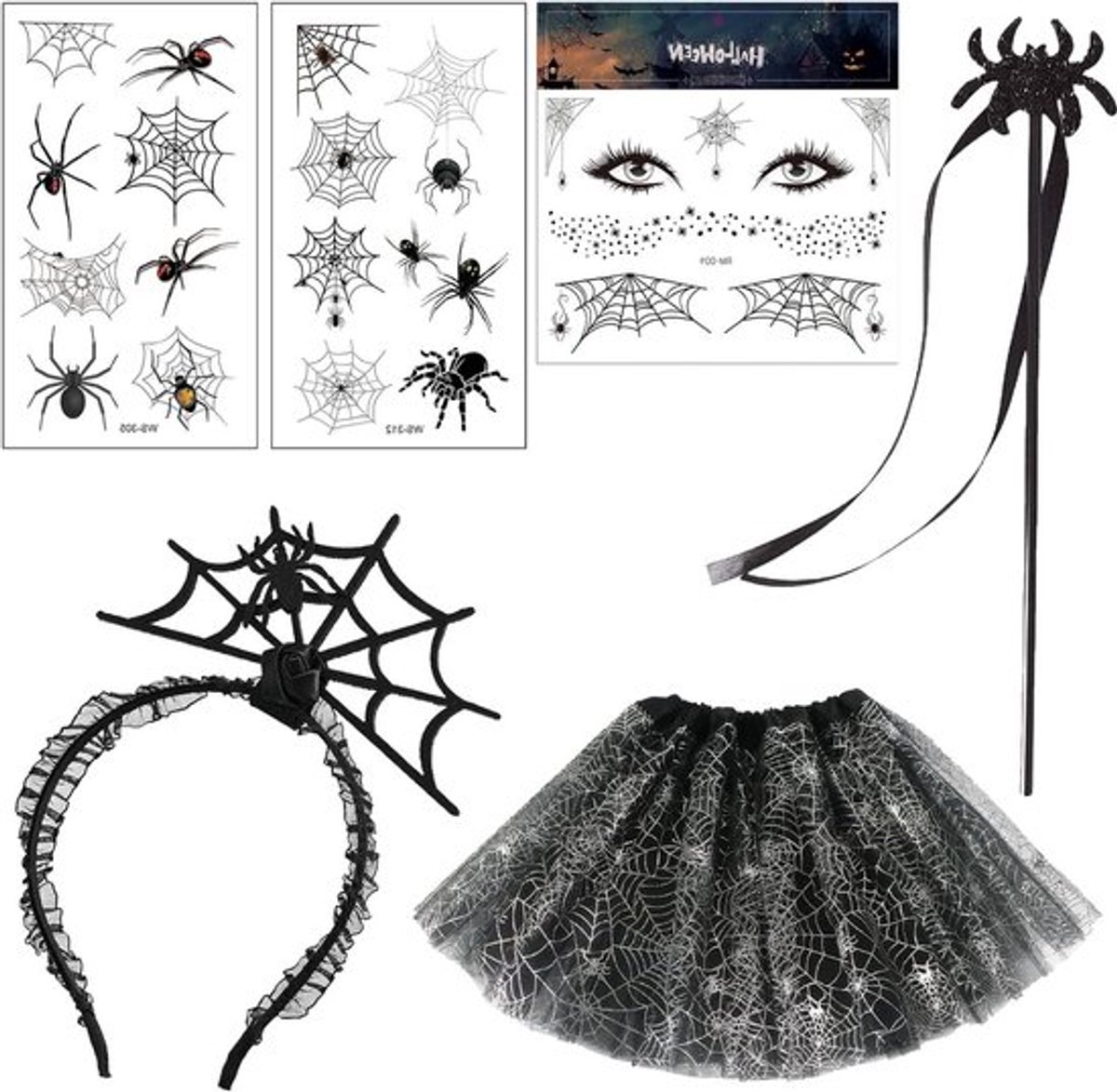Spinnen thema Halloween kostuum voor kinderen - 6-delige set met haarband, tutu rok, toverstaf, stickers en tatoeages - Zwart - Maat 6-8 - Perfect voor feestjes en verkleedpartijen