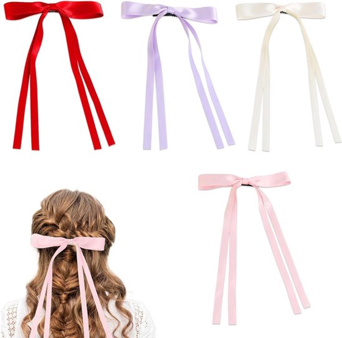 Elegante Haarstrikken voor Dames en Meisjes - Set van 4 Kleurige Haarclips voor Feestjes en Dagelijks Gebruik in Beige, Rood, Roze en Paars