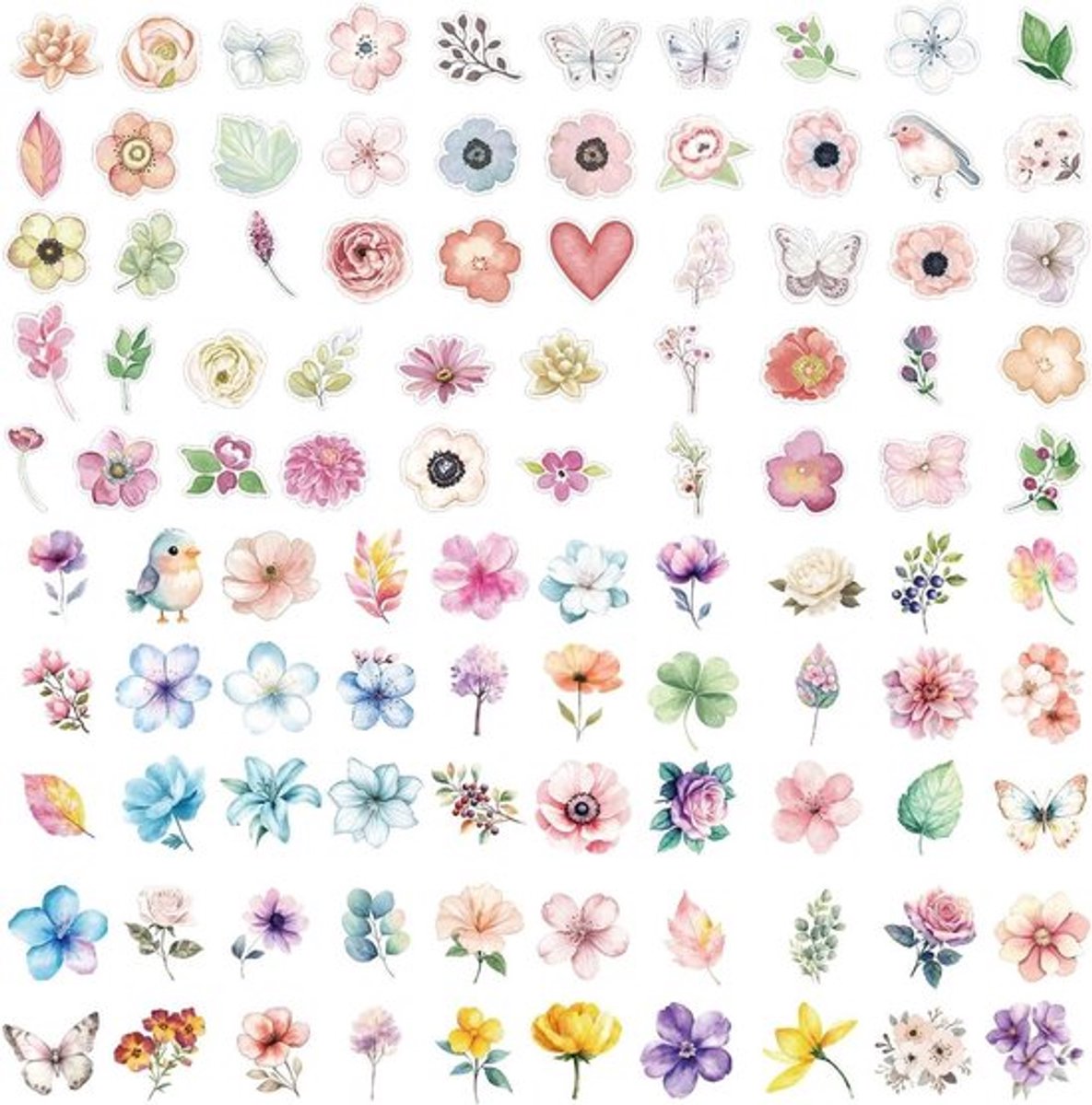 Set van 100 waterdichte bloemenstickers voor decoratie van flessen, skateboards en koffers, perfect voor een esthetische uitstraling.