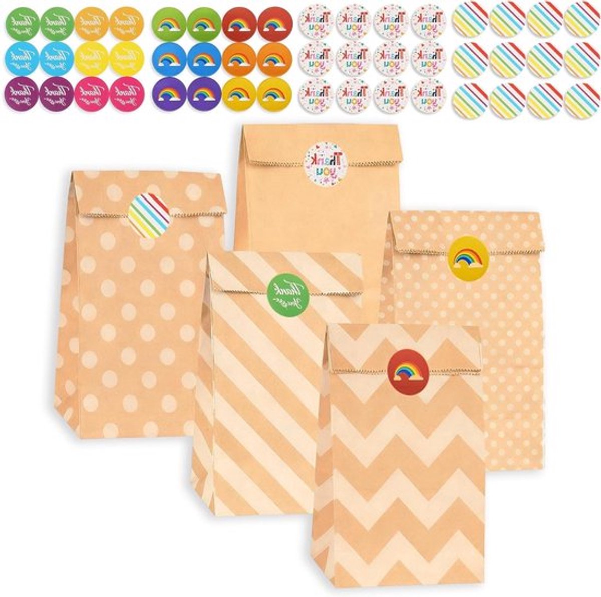 Set van 25 kraftpapier zakken, bruin, 24 x 13 x 8 cm, cadeauzakken voor verjaardagsfeestjes, knutselprojecten en bruiloften met 48 stickers