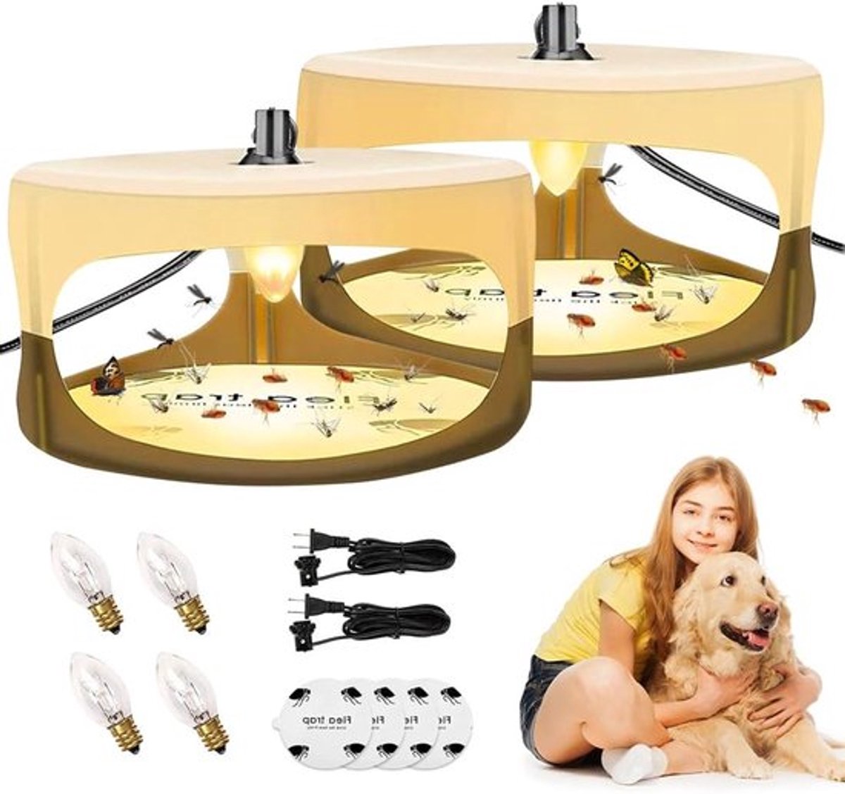 Effectieve Vlooienval - 2 Stuks Plakvlooienvallen met 4 Hechtingspads, LED Vlooienlamp voor Woonkamer, Keuken en Slaapkamer