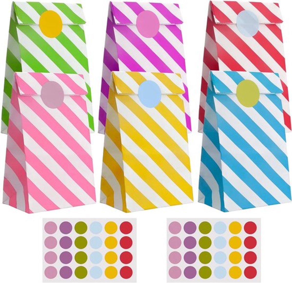 Verjaardagszakjes voor Kinderen - Set van 36 Papieren Cadeautasjes met 48 Stickers in 6 Kleuren voor Feestjes, Verjaardagen en Evenementen