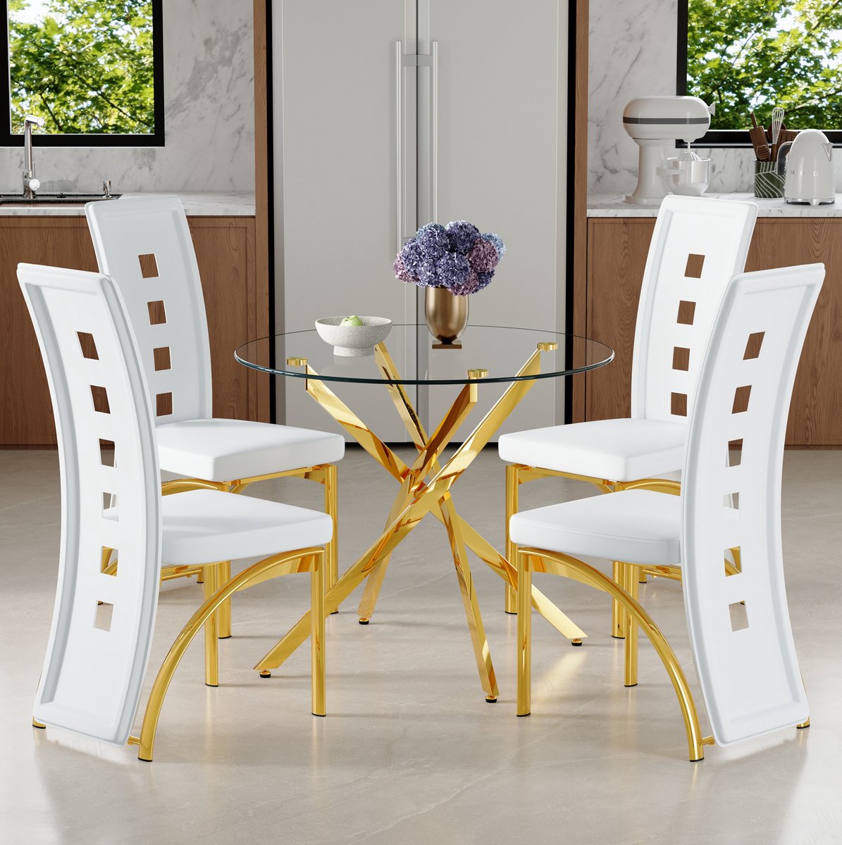 REDOM - Set tafel en stoelen - 88 cm ronde eettafel - 4 stoelen met geometrisch rugpatroon - Modern - Metaal en PU-leer - Transparant, Wit en Goud - 88 x 88 x 75 cm