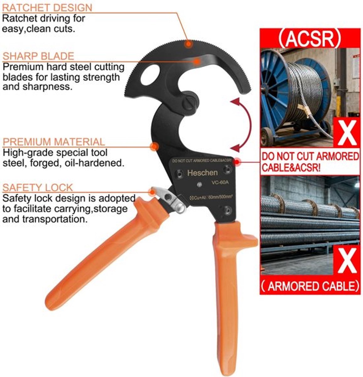 Kabelknipper met ratel - 60 mm kabelsnijder - Handgereedschap voor elektrische klussen - 320 mm - Professioneel gereedschap - Ideaal voor klussen ...