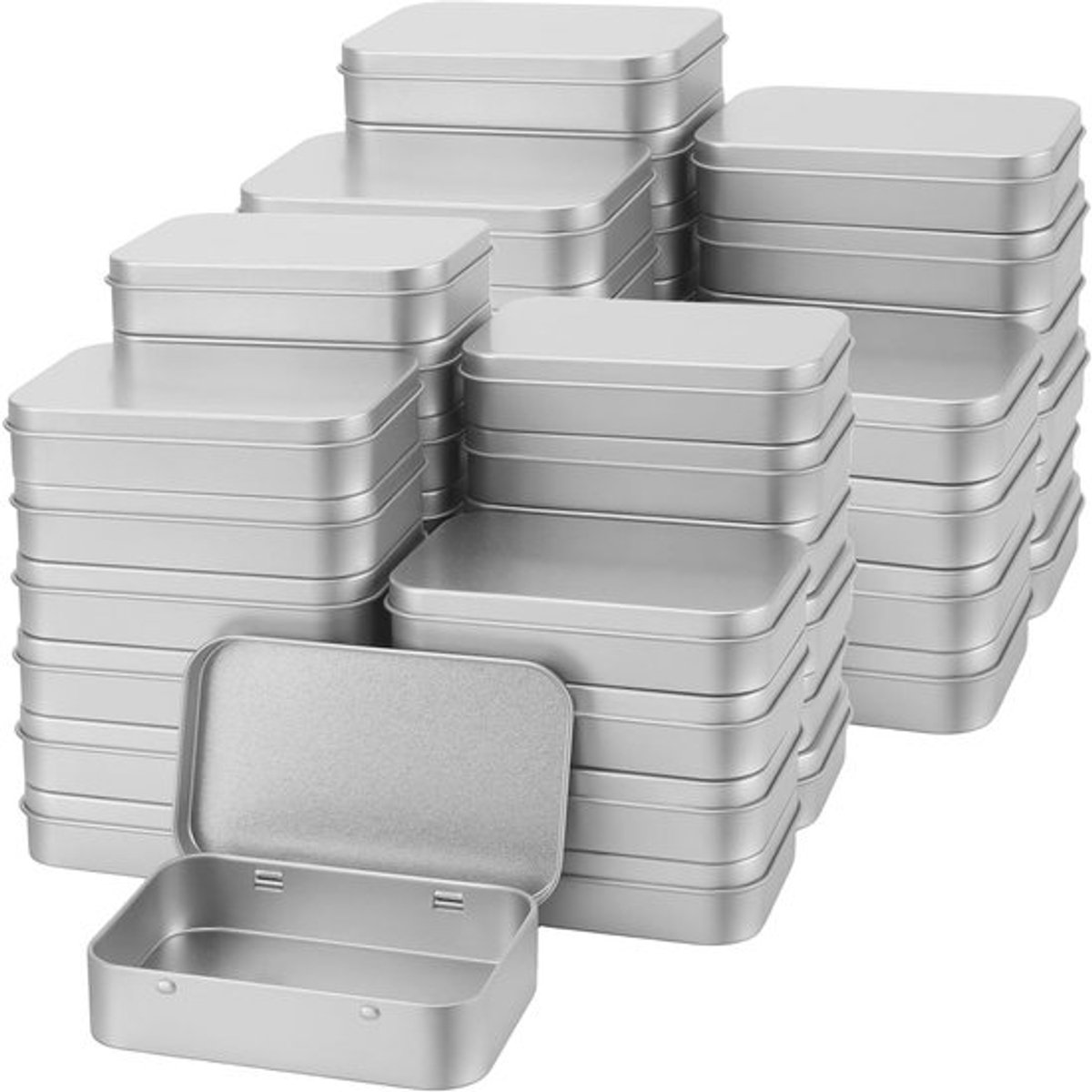 40 Stuks Kleine Scharnierende Blikjes, 91 x 61 x 20mm Rechthoekige Metalen Opbergdozen voor Snoep, Sleutels en Kleine Voorwerpen, Zilver