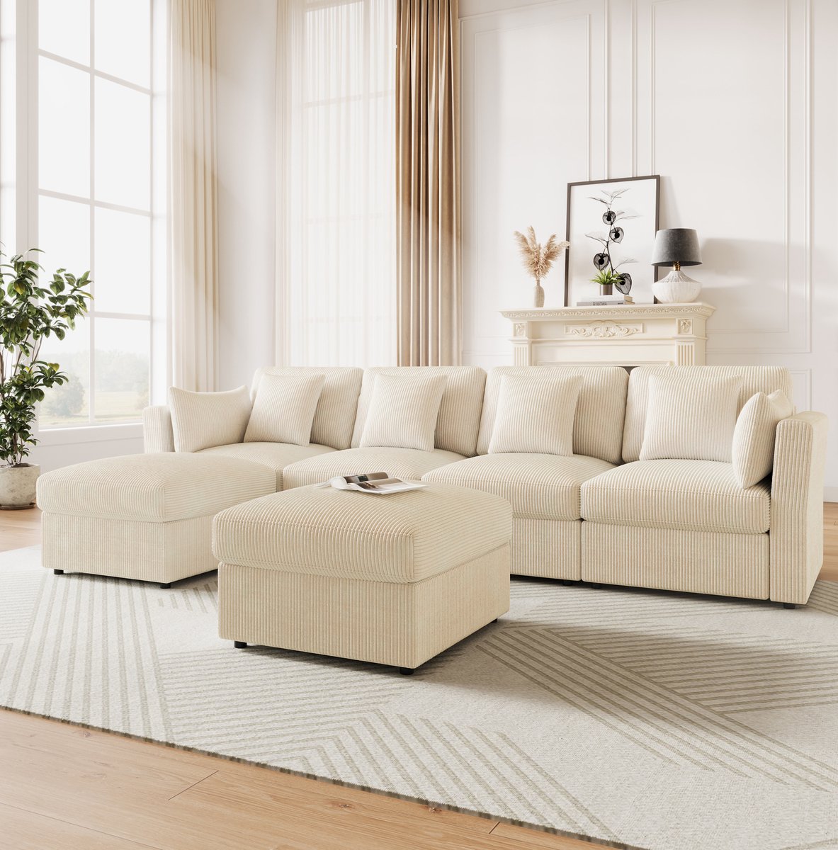 MEUNIQ U-bank 290 x 159,5 x 89 cm in beige ribstof, modulair hoekbank met verstelbare armleuningen, 2 hockers en 6 kussens voor de woonkamer
