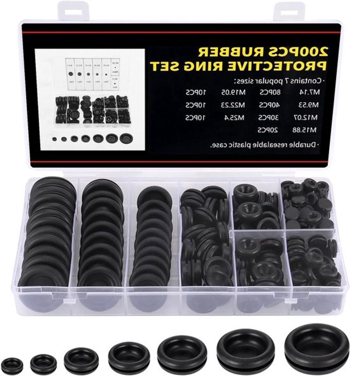 200 Stuks Rubber Ringen Set, 7 Maten Rubber Ringen voor Gaten, Bescherming van Draden en Kabels