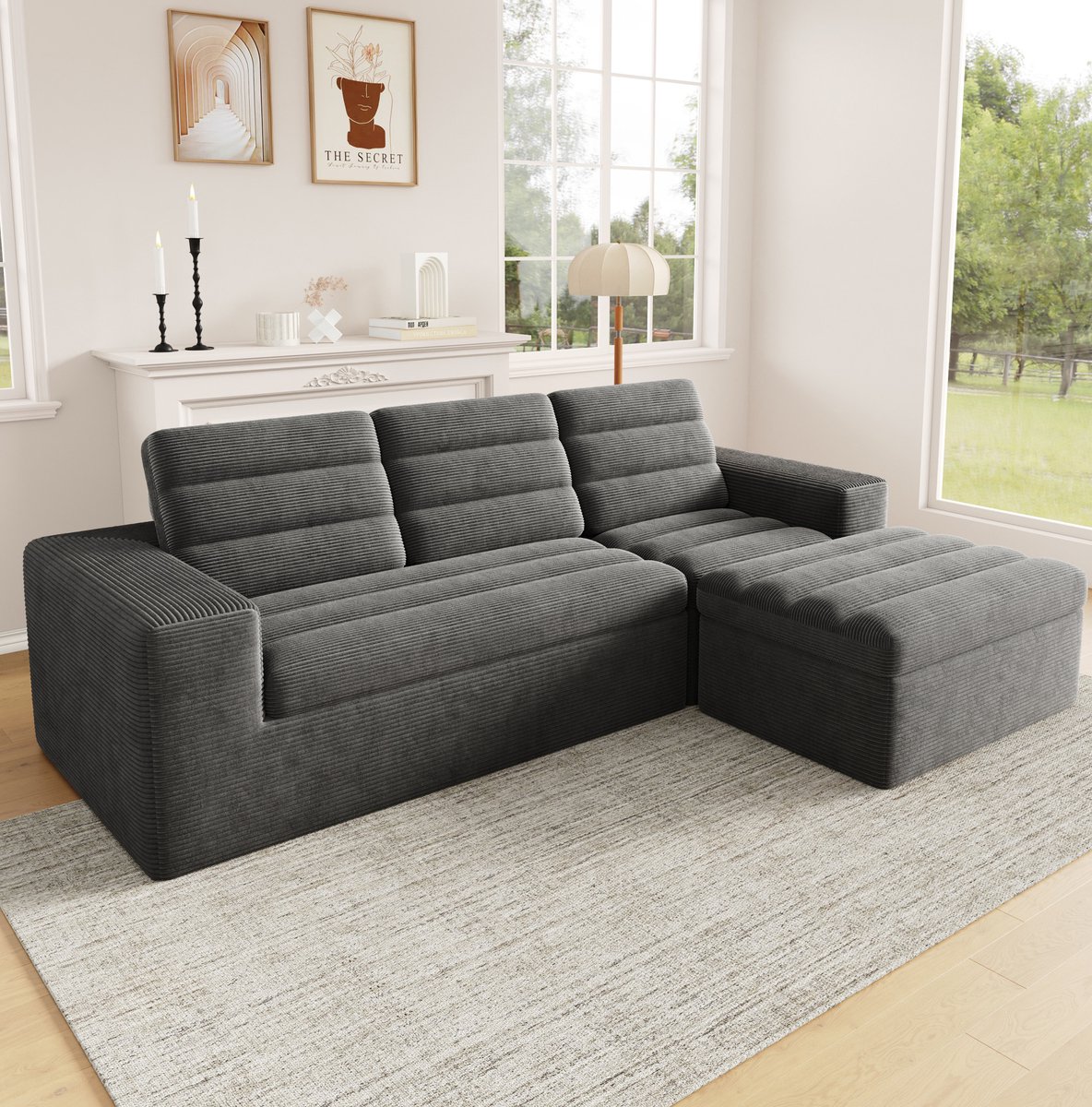 MEUNIQ modulaire hoekbank 253 x 161 x 89 cm met hocker, L-vormige 4-zits bank van ribstof, frameloos ontwerp voor woonkamer en appartement, donkergrijs
